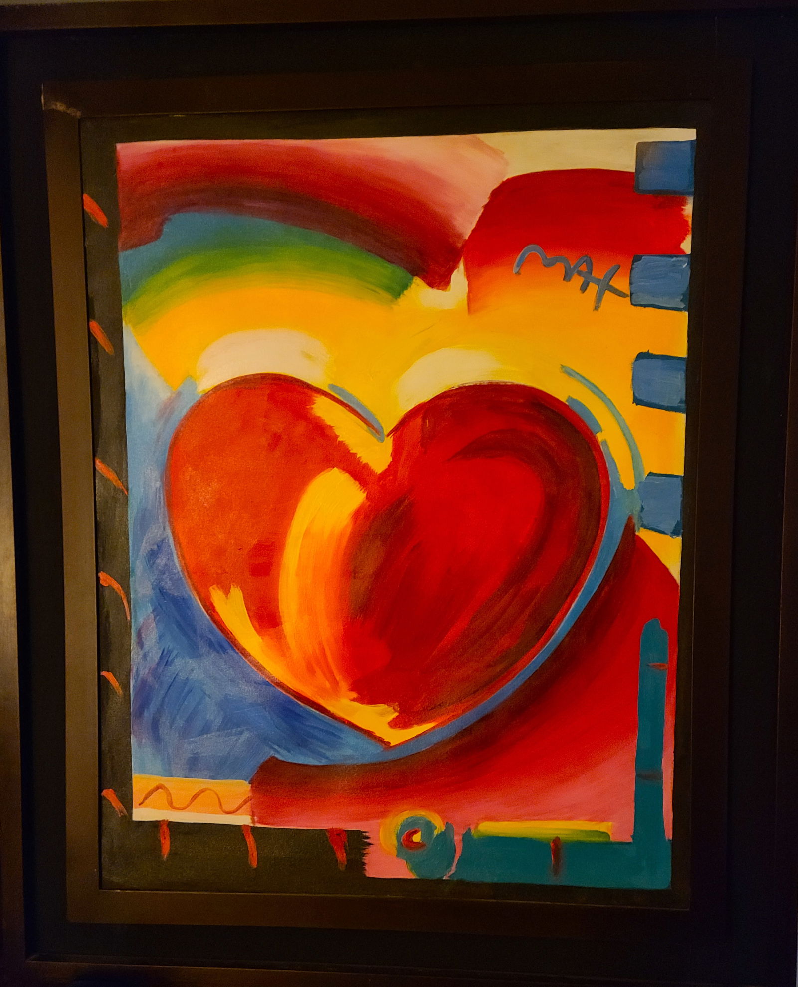 PETER MAX : PETER MAX Measurements: ~28” x 36” This stunning piece is a magnificent original acrylic on canvas in the manner of the amazing artist, Peter Max. A cherished piece within the consignor’