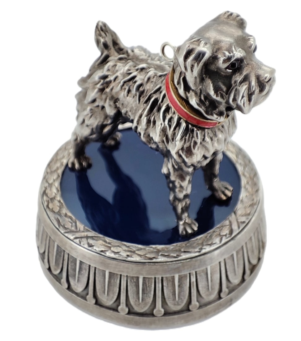 Vintage Russian Imperial Era Silver Dog Figure: Vintage Russian Imperial Era Silver Dog Figure decorated with Gilded Collar and Garnet Eyes. Total weight: 125 grams. Dimensions:H 57 mm. W 50 mm. Russian hallmarks: 88 IP FABERGE Cyrillic