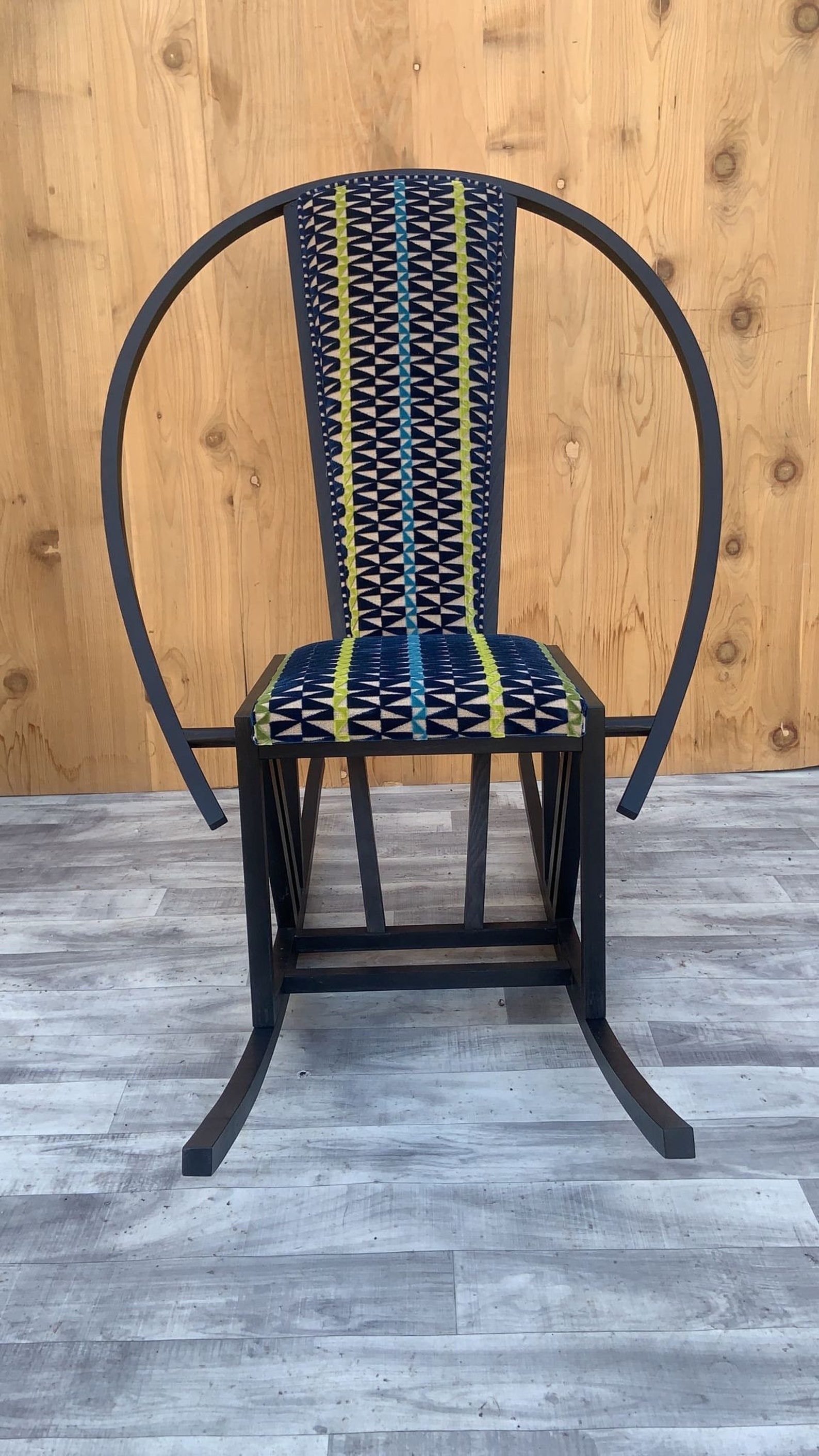 Vintage Pascal Mourgue Style Rocking Chair Newly Upholstered in Knoll Fabric: Vintage Pascal Mourgue Style Rocking Chair Newly Upholstered in Knoll Fabric Vintage from the 1980s Materials: Birch, Wood, Fabric Circa: 1980 Dimensions: H: 45” W: 34” D: 51”