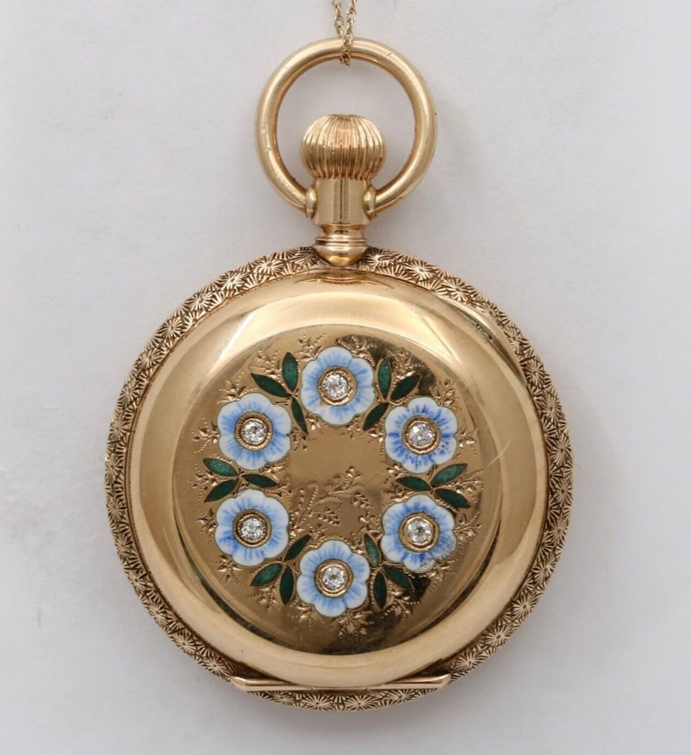 Antique Enamel, Diamond, and 14K Gold Forget Me Not Flower Pocket Watch (1 of 3)
