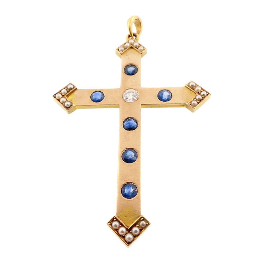 Victorian 14K Gold, Diamond, Sapphire & Pearl Cross Crucifix Pendant (1 of 3)