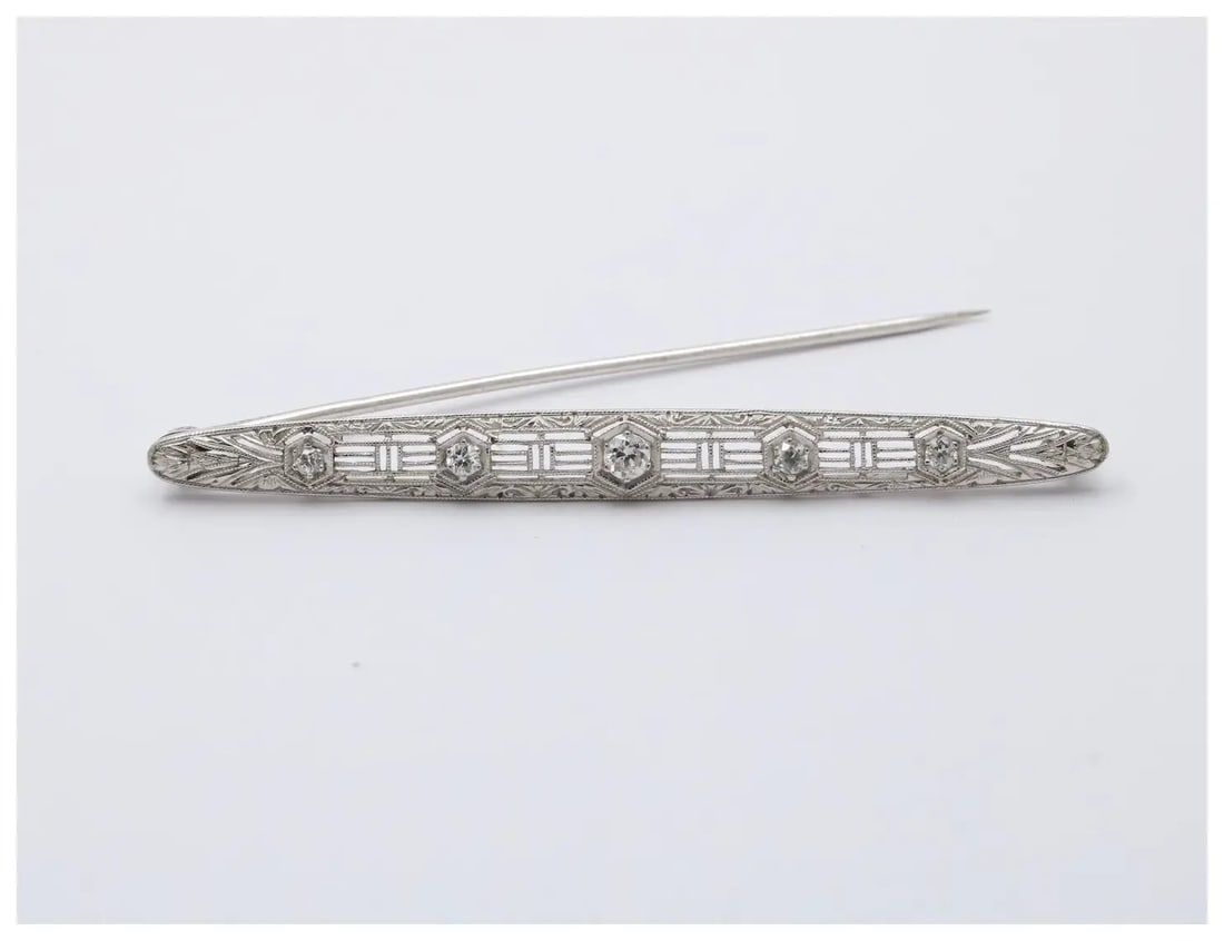 Art Deco Platinum Gold Diamond Filigree Bar Pin, Brooch. (1 of 3)