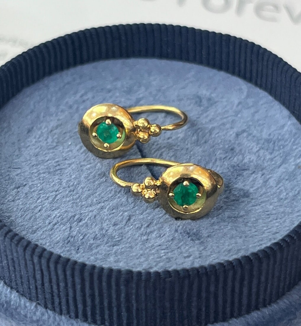 Vintage Sweet 18K Yellow Gold Emerald Huggie Earrings (1 of 3)