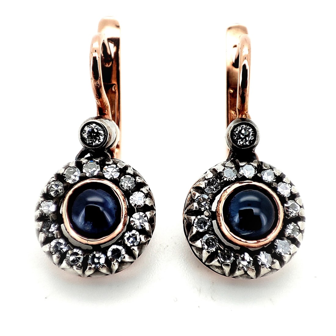 Vintage Imperial Faberge Era 14 K Rose GoldÊ Earrings: Vintage Imperial Faberge Era 14 K Rose GoldÊ Earrings. Total weight: 5.2 grams.Ê Round Single Cut Diamonds Approx. 0.40 Ct.Ê Round Cabochon Sapphires Approx. 1.50 Ct. Russian Hallmarks: