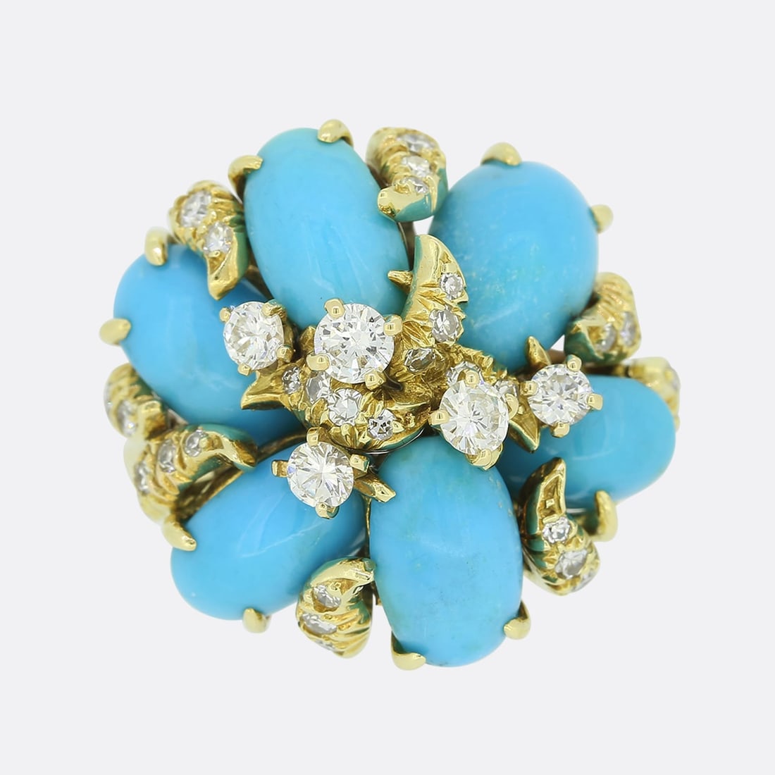 Julius Cohen Turquoise and Diamond Cluster Ring: Julius Cohen Turquoise and Diamond Cluster Ring. Weight:Â 7.6 grams Size:Â G Face Dimensions:Â 19.0mm x 19.5mm Turquoise:Â 6 (9.5mm-5mm) Total Diamond Carat Wei