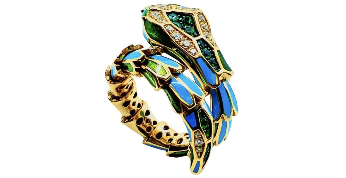 Crivelli Snake Ring 18k Gold Enamel Gemstones: Crivelli Snake Ring 18k Gold Enamel Gemstones. DESIGNER:Â Crivelli CIRCA:Â 1990s MATERIALS:Â 18K Yellow Gold, Enamel GEMSTONE:Â Round Brilliant Cut Diamond - 0.