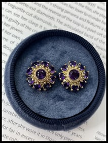 Vintage 14K Yellow Gold Siberian Amethyst Flower Studs