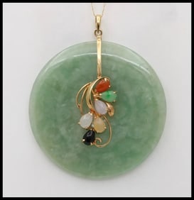 Large Vintage Jade Multistone 14K Yellow Gold Pendant