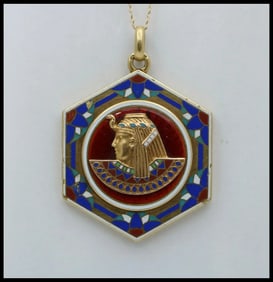 Vintage Egytian Pharoh Enamel 18K Yellow Gold Locket Pendant