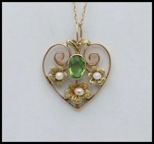 Art Nouveau Heart Flower Peridot Pearl Pendant