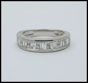 Vintage Baguette Table Cut Diamonds 14K White Gold Band Ring