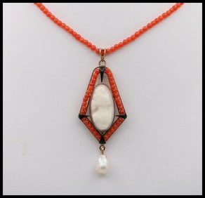 Vintage Coral Cameo Enamel Yellow Gold Pendant Necklace