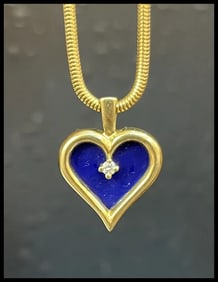 Vintage 14K Yellow Gold Lapis Lazuli Heart Diamond Pendant, Charm