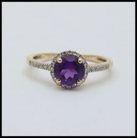 Vintage 14K Yellow Gold Amethyst Diamond Halo Ring