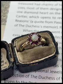 Vintage 10K Yellow Gold Opal & Ruby Flower Ring