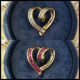 Vintage Reversible 14K Yellow Gold Diamond & Ruby Heart Pendant