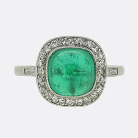 Art Deco French Cabochon Emerald and Diamond Ring