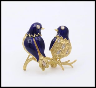 Vintage 18K Gold, Enamel, and Diamond Love Birds Brooch, Parrot Pin