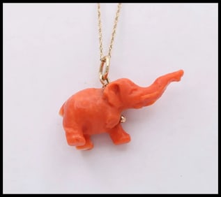 Vintage Coral Elephant 14K Yellow Gold Pendant Charm
