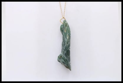 Antique Hand Carved Jade Bamboo 18K Yellow Gold Pendant