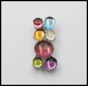 Vintage Tourmaline, Peridot, Cat s Eye Moonstone, Topaz 18K WG Pendant