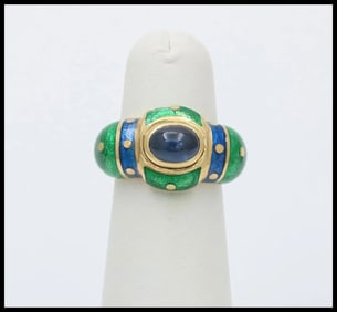 Vintage 18K Yellow Gold Sapphire Enamel Dome Ring