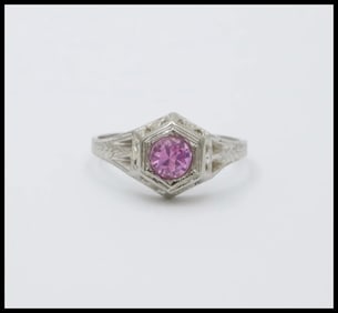 Art Deco 18K White Gold Pink Sapphire Filigree Ring Band , Engagement Ring