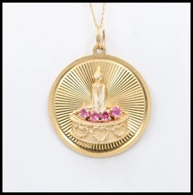 Vintage 14K Yellow Gold Happy Birthday Pendant Rubies Enamel