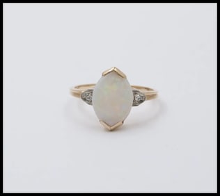 Art Deco 10K Yellow Gold Opal & Diamond Ring