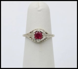 Art Deco 18K White Gold Ruby Filigree Ring Band, Engagement Ring