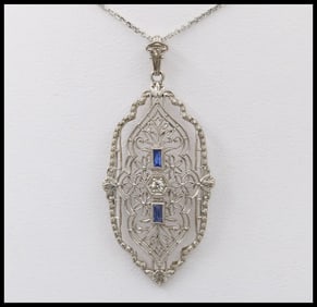 Art Deco 14K White Gold Filigree Pendant, Necklace