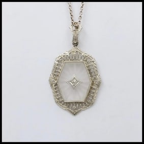 Art Deco 10K Gold Camphor Glass Diamond Pendant.