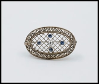 Antique Art Deco Filigree Diamond & Sapphire Brooch, Pin