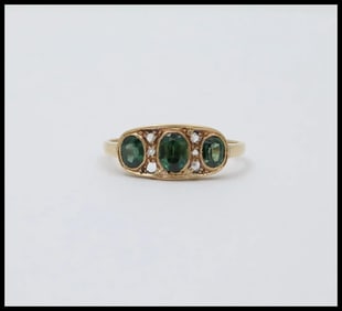 Antique Edwardian 18K Gold Three Green Tourmaline Diamond Ring, Ring Band.