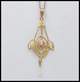 Art Nouveau Limestone Pearl 10K Yellow Gold Pendant