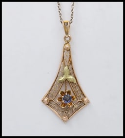 Art Deco Blue Sapphire 10K Yellow Gold Pendant
