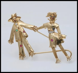 Vintage Raggedy Ann and Andy Diamonds Sapphires Emeralds 14K YG Brooch Pin