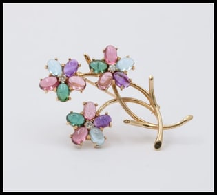 Vintage 14K Gold Multi Color Stones Diamond Flower Bouquet Brooch. Pin.