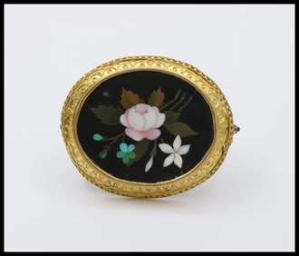 Antique 14K Yellow Gold Pietra Dura Mosaic Flower Bouquet Brooch Pin