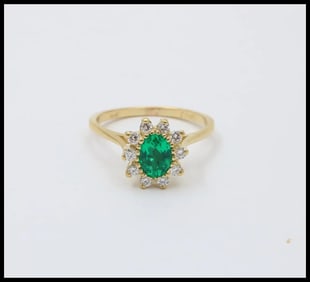 Vintage 18K Gold Emerald Diamond Halo Ring, Engagement Band