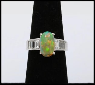 Vintage 18K White Gold Ethiopian Opal and Diamond Alternative Engagement Ring