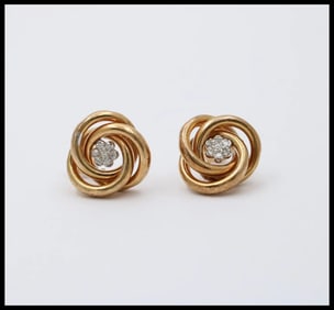 Vintage 14K Gold Knot or Sweller Diamond Studs Earrings