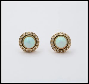 Vintage 14K Gold Opal, Diamond Halo Studs Earrings.