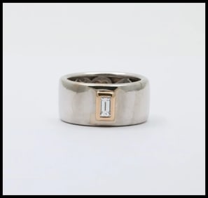 Funky 18K Gold Step Cut Baguette Diamond Wide Cigar Band, Stacking Ring.