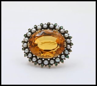 Victorian Madeira Citrine, Pearl Emerald 14K Gold Brooch, Antique Brooch.