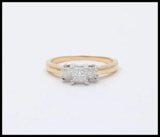 Vintage 14K Gold & Platinum Princess Cut Three Stone Diamonds Engagement Ring, Ring Band.