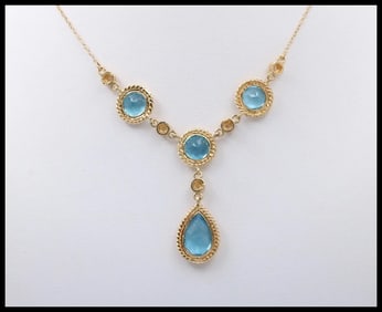 Vintage 14K Yellow Gold Teardrop Blue Zircon Festoon Necklace. Negligee Necklace.