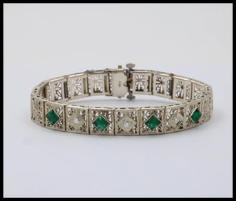 Art Deco Flower Filagree Diamonds Emeralds 14K White Gold Bracelet