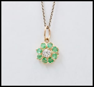 Vintage Flower Diamond Emerald 14K Yellow Gold Pendant