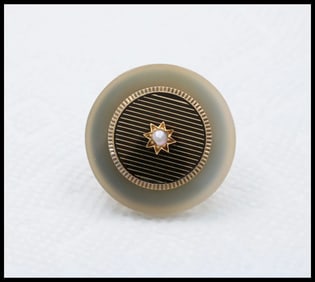 Antique 14K Yellow Gold White Agate Desic Black Enamel Brooch, Pendant